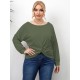 Plus Size Solid Twisted Boatneck Long Sleeve Tops