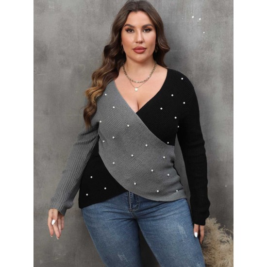 Plus Size  V-Neck Cross Sweater With Pearl