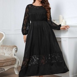 Plus Size Black  Long Sleeve Solid Lace Dress