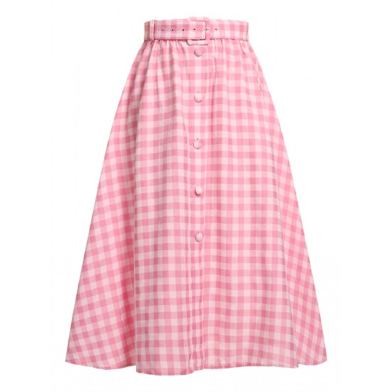  Pink Plaid Button Skirt With Belt
