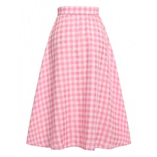  Pink Plaid Button Skirt With Belt