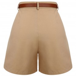 Khaki  Solid Cotton Blend Belted Shorts