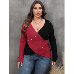 Plus Size  V-Neck Cross Sweater With Pearl