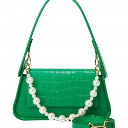 Pearl Chain Imitation Crocodile Leather Shoulder Bag