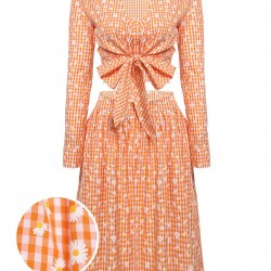 3PCS Orange  Daisy Plaids Top & Skirt