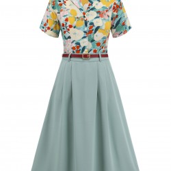 2PCS Light Blue  Floral Blouse & Solid Belted Skirt
