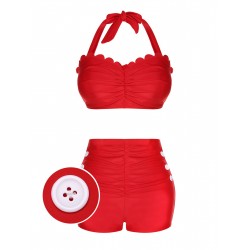 Red  Button Ruffles Halter Swimsuit