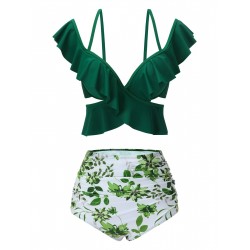 Green  Ruffles Floral Spaghetti Strap Swimsuit