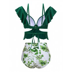 Green  Ruffles Floral Spaghetti Strap Swimsuit