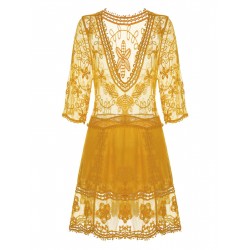 Yellow  Lace Crochet Cutout Cover Up