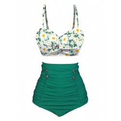 Green  Daisy Strap Pleated Swimsuit